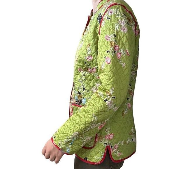 Vintage Y2K Womens 100% Silk Green Japanese Floral Chore Quilted Jacket Sz L - Picture 6 of 7
